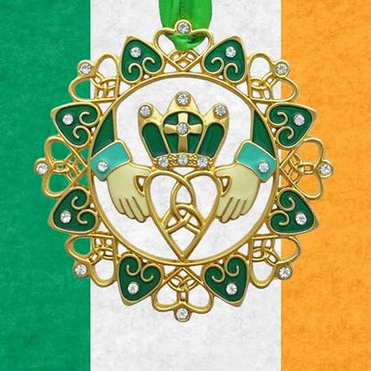 Irish Christmas Ornament - Gold Claddagh with Emerald Jewels & Enamel - Irish Heritage Gift - Variation 1