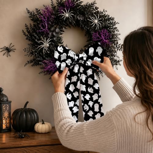 Halloween Ghost Wreath Sash Set for Front Door Decor - Black & White, 2 Pack