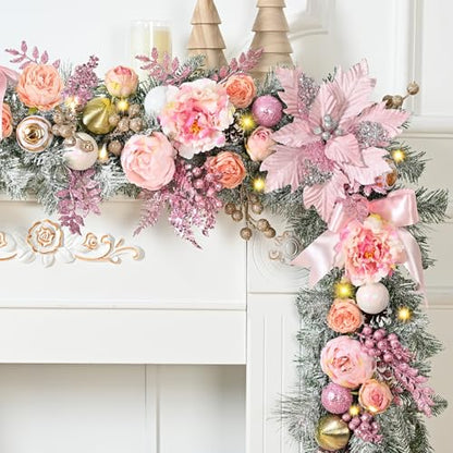 Pink 9FT Christmas Garland with Lights, Flocked Rose Gold Decor, Berries & Pinecones