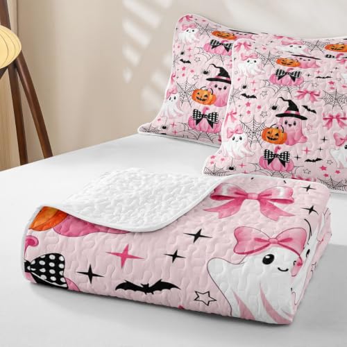 Pink Full Size Halloween Quilt Bedding Set - Fairy Ghost Cartoon Bedspread with Pillowcases