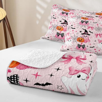 Pink Full Size Halloween Quilt Bedding Set - Fairy Ghost Cartoon Bedspread with Pillowcases