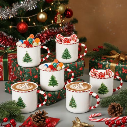 Vesici 6 Pack Christmas Mugs with Candy Cane Handle and Christmas Tree Pattern - 10 oz