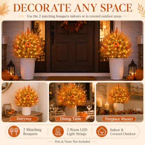 Artificial Fall Decor Stems with Pumpkins & LED String Lights - Indoor Outdoor
