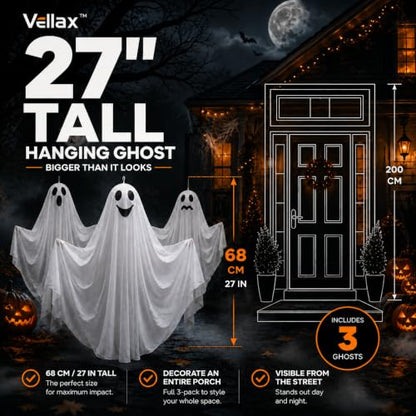 Hanging Halloween Ghost Decorations Set with Unique Faces - Weather-Resistant Indoor Outdoor Ghosts