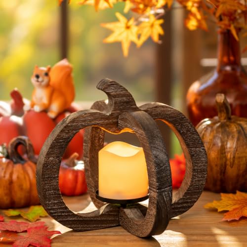 Wood Pumpkin Lantern Decor with LED Candle - Fall Table Centerpiece