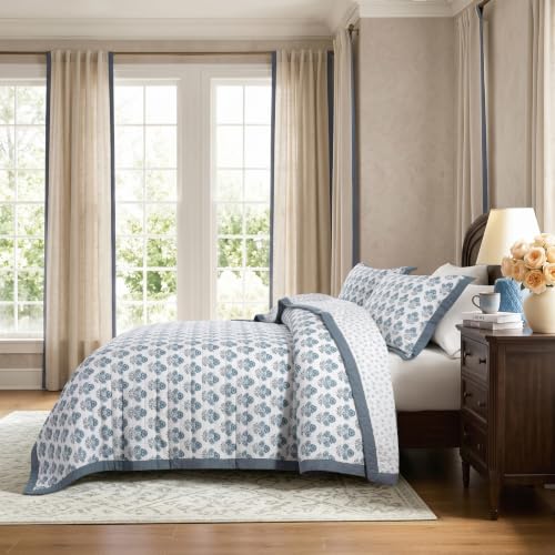 Reversible Cotton King Size Quilt Blue & White Patchwork 106x96