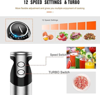 Skiennix 3-in-1 Immersion Hand Blender - Powerful 12-Speed Stick Blender with Titanium Blades
