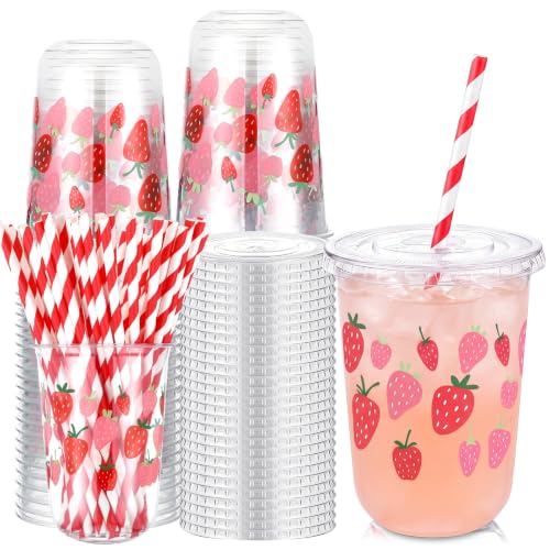 Red Strawberry Party Cups Set of 50 with Lids & Straws - 16oz Disposable Plastic