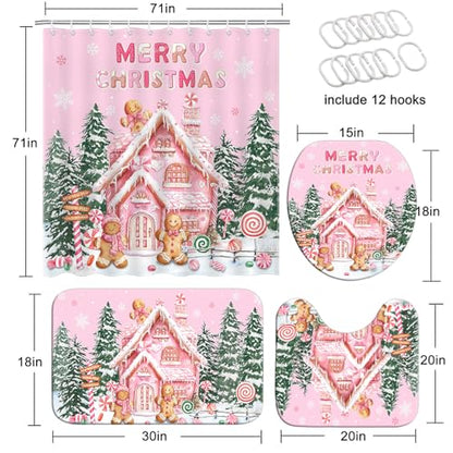 Christmas Shower Curtain Set Pink Gingerbread Holiday Bathroom Decor - 4 Pieces