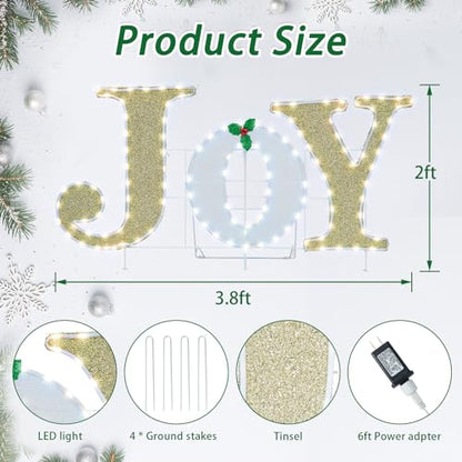 Lighted Christmas Joy Sign Decoration 3.8FT x 2FT Gold & White with Holly - LED Holiday Indoor Outdoor Decor