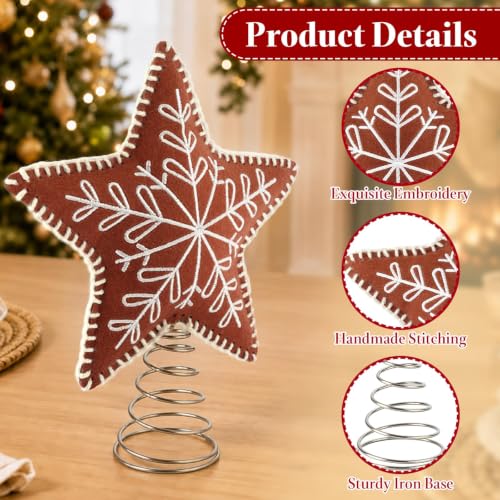 Gingerbread Star Christmas Tree Topper - Felt Embroidered Snowflake Design, Brown Felt, Spring Base