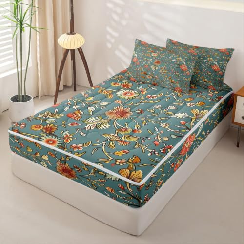 Kids Zipper Bedding Set Full Green Yellow Floral Comforter & Sheet