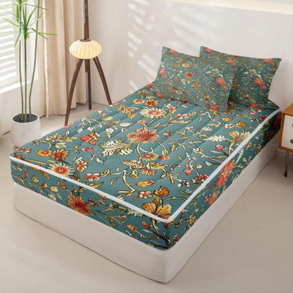 Kids Zipper Bedding Set Full Green Yellow Floral Comforter & Sheet