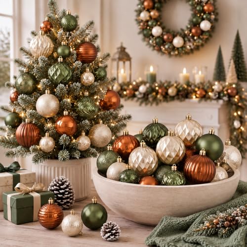 Lunmon 64 Pcs Earthy Christmas Ornaments Set - Olive Green, Bronze & Farmhouse Style
