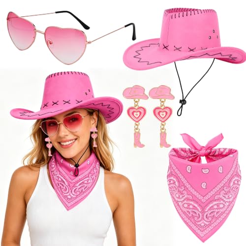 Pink Cowgirl Hat with Heart-Shaped Sunglasses & Bandana - Costume Accessory Set
