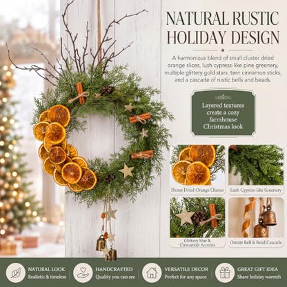Rustic Christmas Wreath with Dried Orange Slices and Cedar - 13 Inch