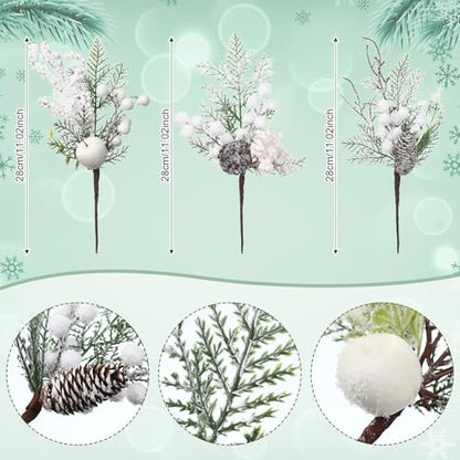 Shiny White Christmas Floral Picks 16 Pcs Artificial Berries & Pine Cones