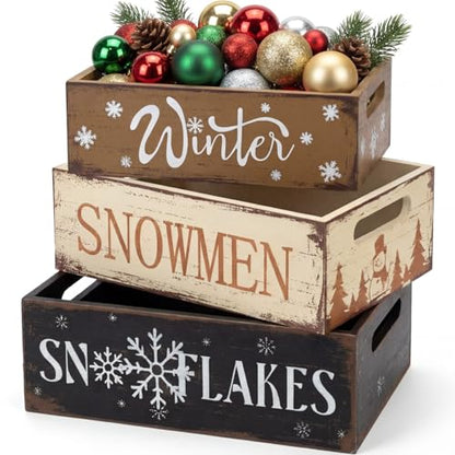 Christmas Wooden Crate Set - Rustic Snowman Snowflakes Holiday Storage Box - Winter Snowman Snowflakes Variation
