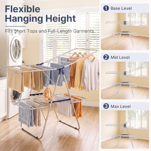 Large Dark Blue Stainless Steel 2-Tier Foldable Clothes Drying Rack - 57 Inches Max Height