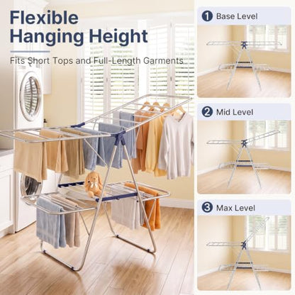 Large Dark Blue Stainless Steel 2-Tier Foldable Clothes Drying Rack - 57 Inches Max Height