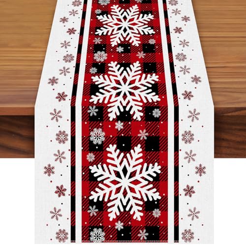 Christmas Table Runner 72x13 Inch Red Black Checkered Snowflake Pattern Holiday Decor