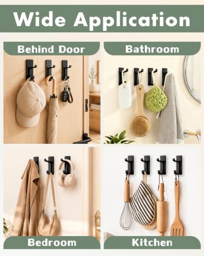 Self-Adhesive Heavy Duty Coat Hooks Wall Mount Stainless Black 6Pcs