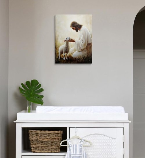 Jesus Holding Lamb Canvas Wall Art - Serene Christian Decor for Home & Church | 12x16 Inches
