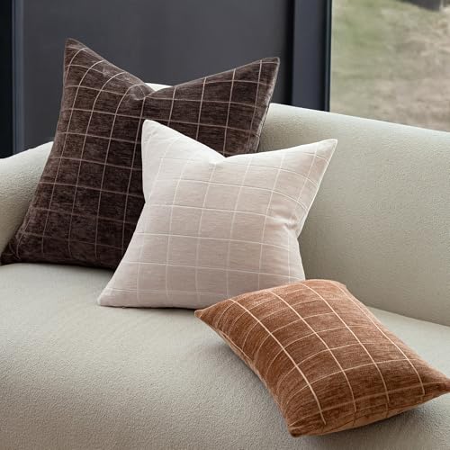 Beige Chenille Plaid Throw Pillow Covers Set of 2 26x26 Inches - Boho Home Decor