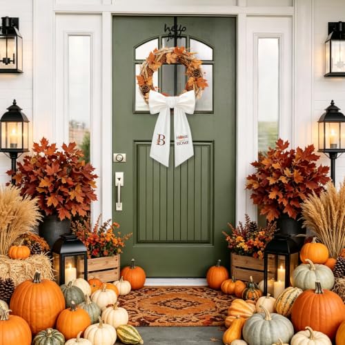 Fall Wreath Sash for Front Door Monogrammed Pumpkin Ribbon Embroidery - B Variation