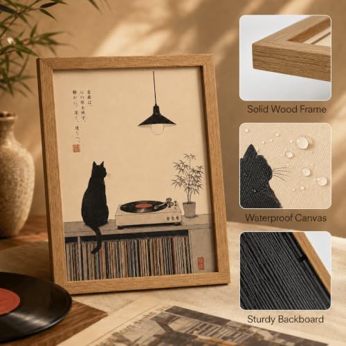 Japanese Cat Record Player Wall Art - Framed 10x8 Inches, Minimalist Music Decor