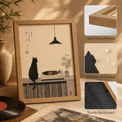 Japanese Cat Record Player Wall Art - Framed 10x8 Inches, Minimalist Music Decor