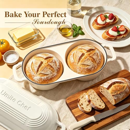Cream White Dutch Oven for Sourdough Bread Baking with Lid & Banneton Proofing Baskets