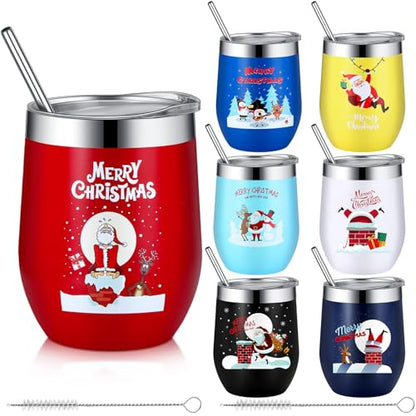 7-Piece Christmas Tumbler Set with Lids Straws & Brush - 12oz Holiday Gift