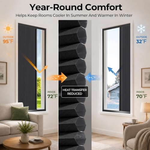 TIPIACE Blackout Honeycomb Shades - Full Black Single Side Opening Cellular Blinds