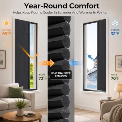 TIPIACE Blackout Honeycomb Shades - Full Black Single Side Opening Cellular Blinds