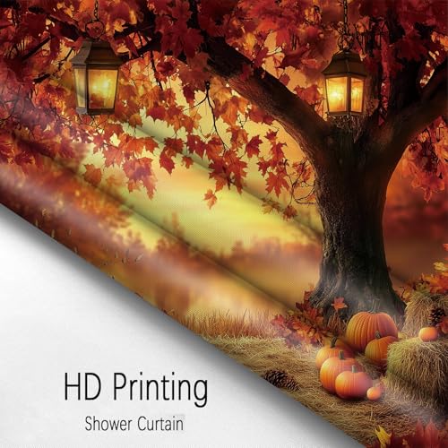 Fall Pumpkins and Maple Leaf Shower Curtain - Autumn Farmhouse Bathroom Decor, 72x72 Inch Waterproof Polyester with 12 Hooks