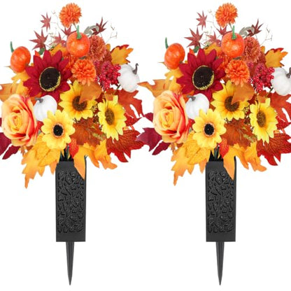 Artificial Fall Cemetery Flowers for Grave - Orange Mums & Pumpkins with Variation Wine