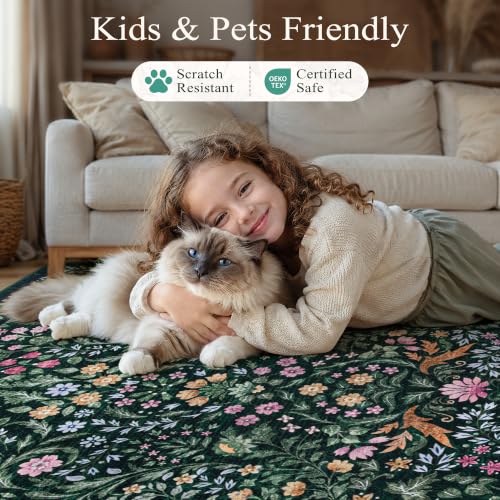 Dark Green 8x10 Boho Floral Washable Rug - Farmhouse & Vintage Style
