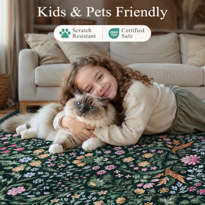Dark Green 8x10 Boho Floral Washable Rug - Farmhouse & Vintage Style