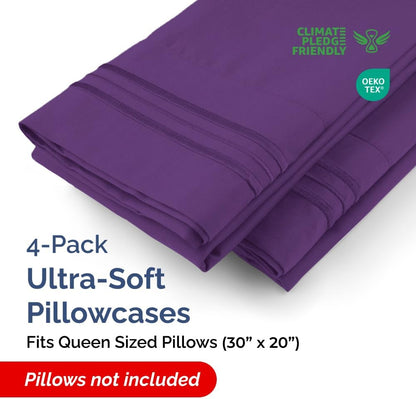 Queen Pillow Cases by [Brand Name] - Ultra Soft Hotel Quality Covers | Wrinkle-Free, Stain & Fade Resistant - 4 Piece Set in Purple