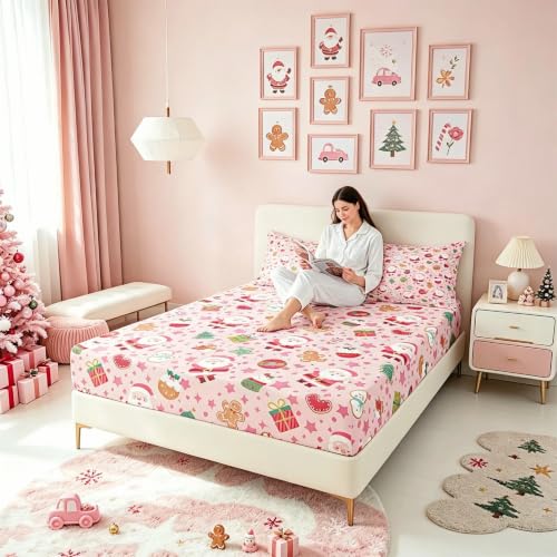 Pink Christmas Bed Sheets Set Twin Size Cartoon Santa Gingerbread Snowman No Top Flat Sheet