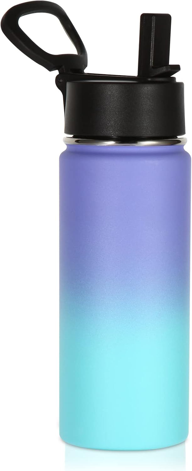 Volhoply 18oz Insulated Kids Water Bottle - Stainless Steel with Straw Lid | Double Wall Vacuum, Purple Blue