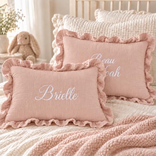 Pink Personalized Embroidered Name Pillowcase with Ruffled Crepe Edge