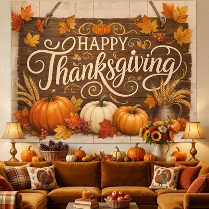 Thanksgiving Rustic Wood Banner Tapestry - Fall Decor, 44x60in, Variation of Wood Board Pumpkin