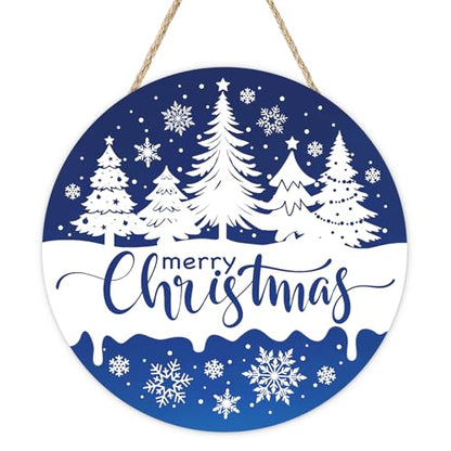 Christmas Tree Front Door Sign - Blue Snowflake Wooden Holiday Decor - Variation of Blue Tree