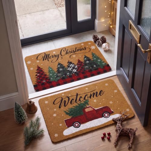 Christmas Coir Door Mat - 2 Pcs Holiday Welcome Doormats with Rustic & Plaid Designs - Variation 3