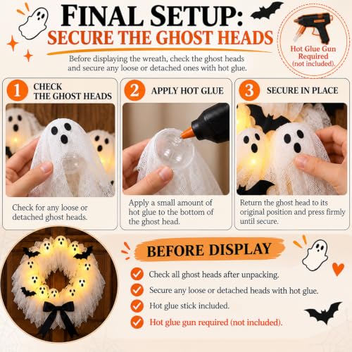 Lighted Halloween Ghost Wreath for Front Door with Timer & 8 Modes