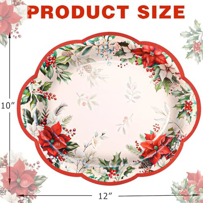 Christmas Disposable Oval Paper Plates with Poinsettia Design - 10x12 Inches, 24 Pack