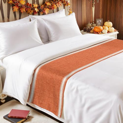 Burnt Orange Stripes Bed Runner for Twin Size Beds - 71 x 20 Inches Linen Decor