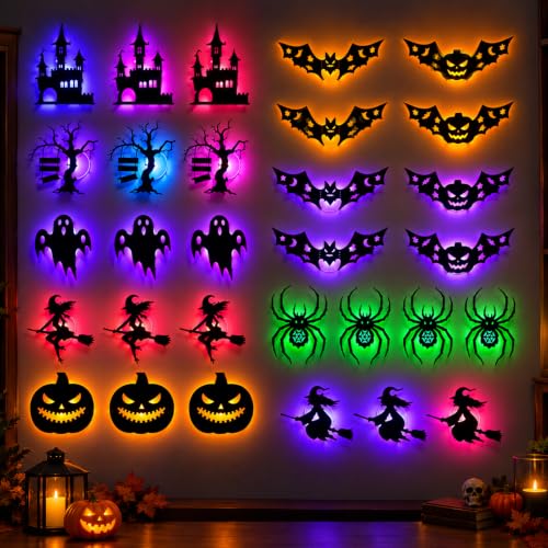 30PCS Halloween LED Silhouette Wall Lights - 3D Bat Ghost Pumpkin Decor